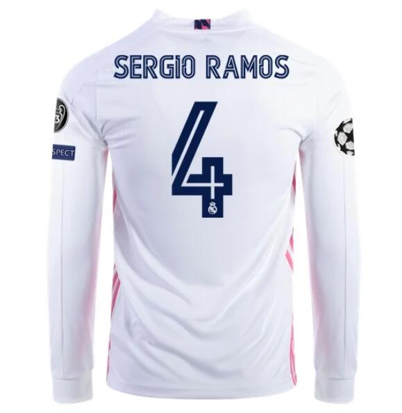 Real Madrid Long Sleeve Home Kit Soccer Jersey SERGIO RAMOS #4 2020/21